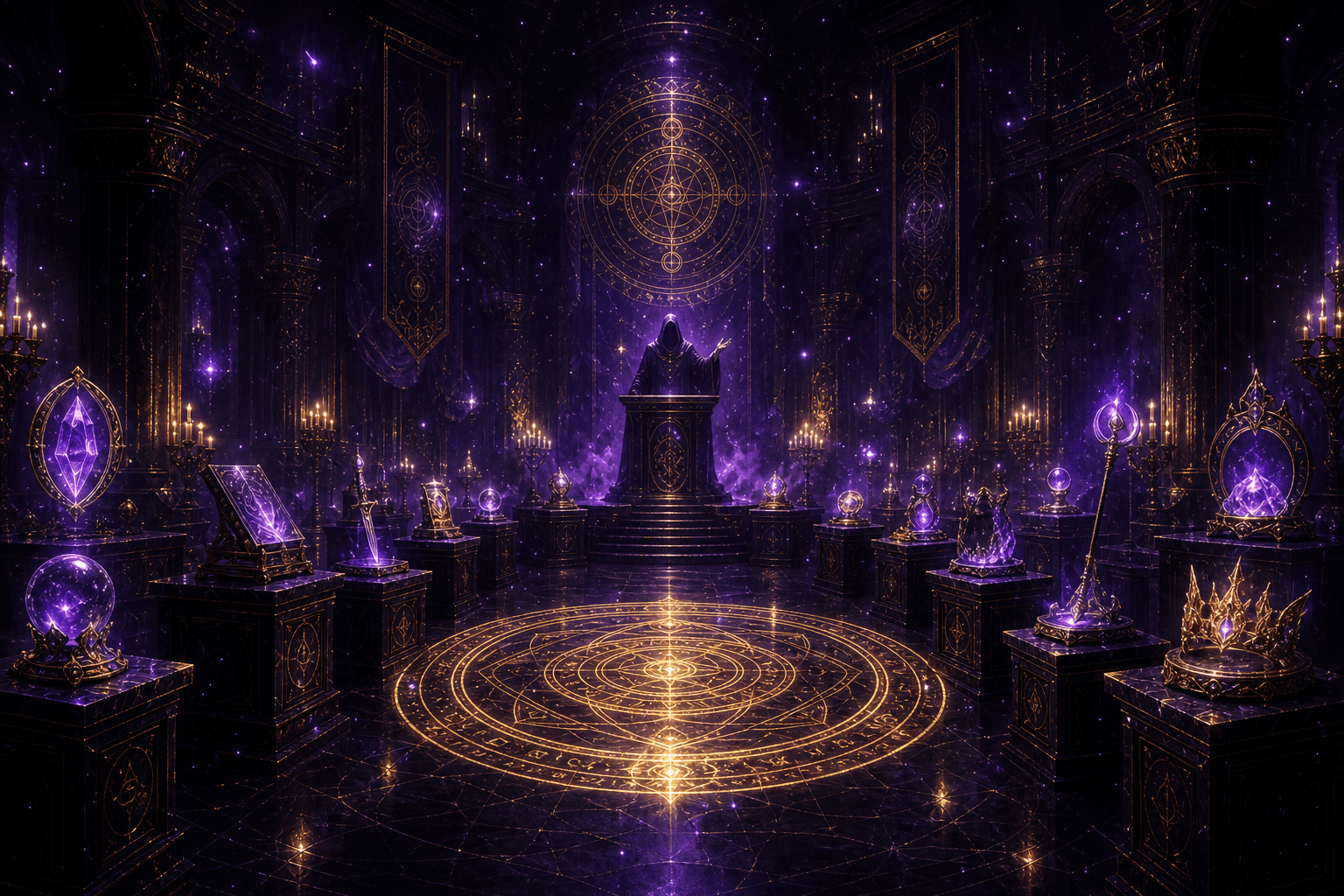 A candlelit auction-sanctum of rare Dota 2 relics on obsidian pedestals
